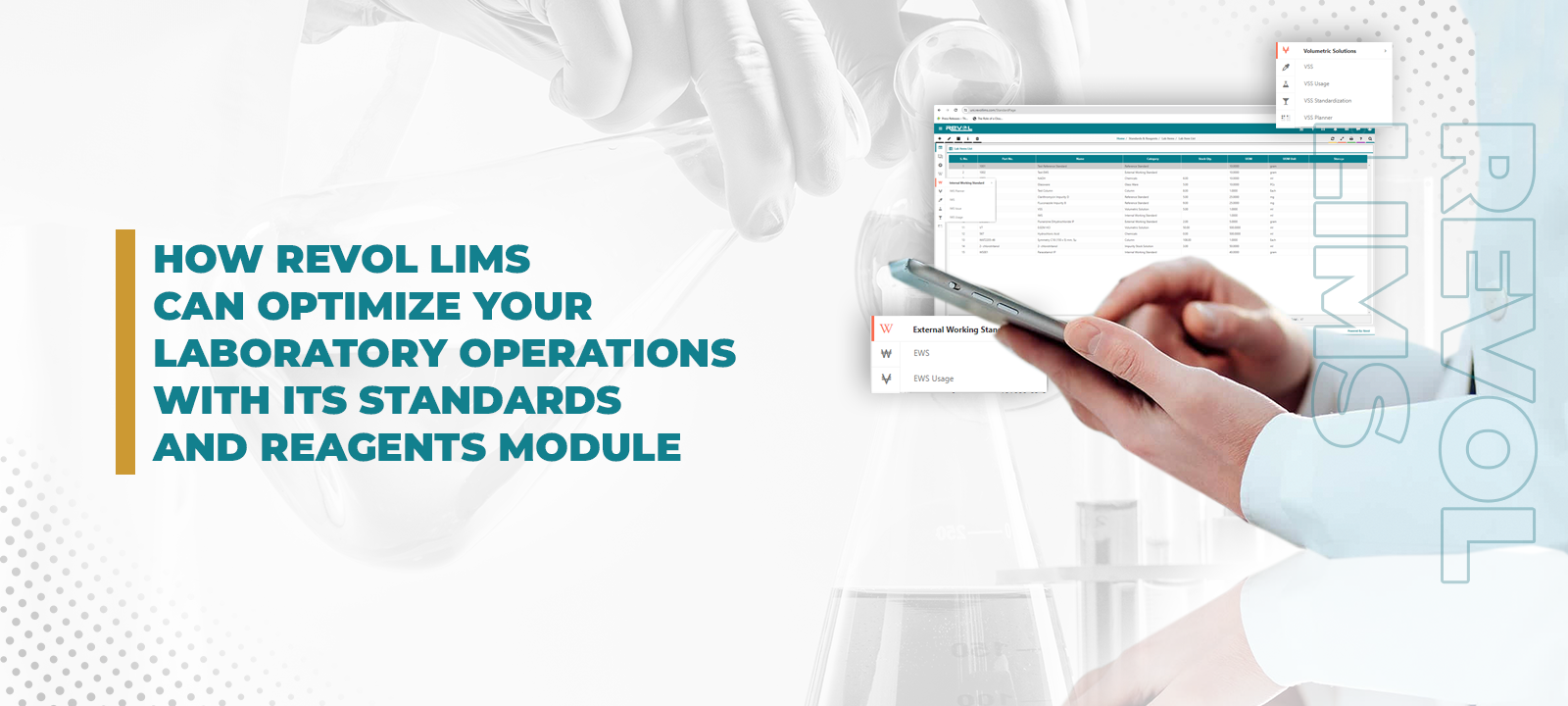 Banner for Revol LIMS, a laboratory operations optimization software, with a scientist using the software on a tablet and laboratory equipment in the background.