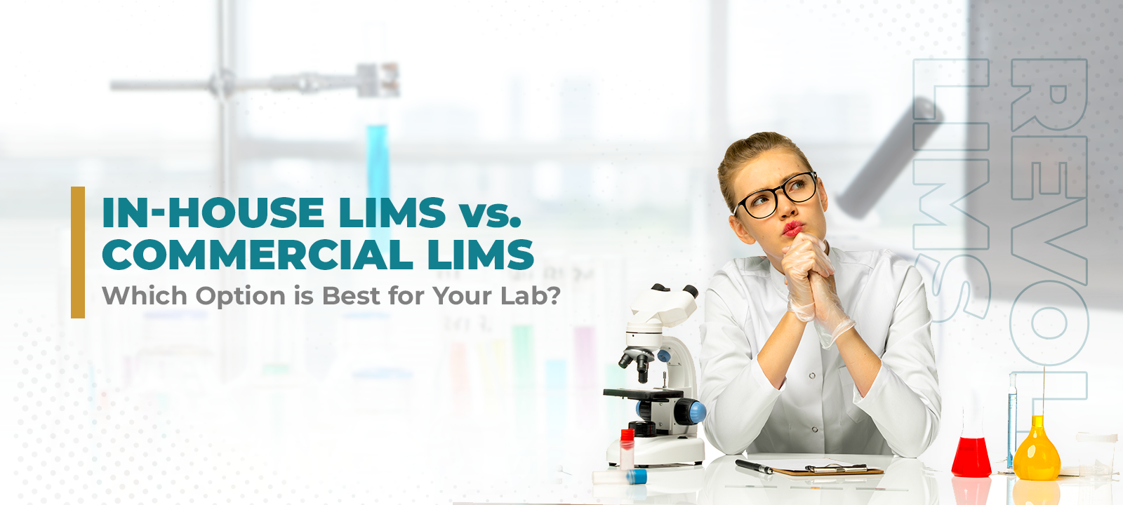  A Women Lab professional in a  laboratory brainstorming about LIMS options.