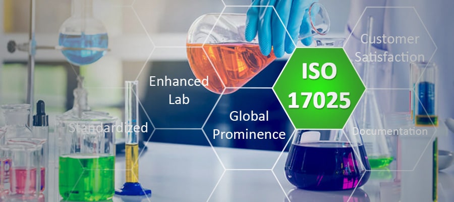 An image of a laboratory professional holding a conical flask with an orange color chemical surrounded by different laboratory glasswares and equipment with text overlays emphasizing ISO 17025.