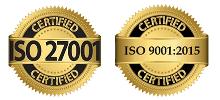 Two gold ISO certification badges, one for ISO 27001 and one for ISO 9001:2015