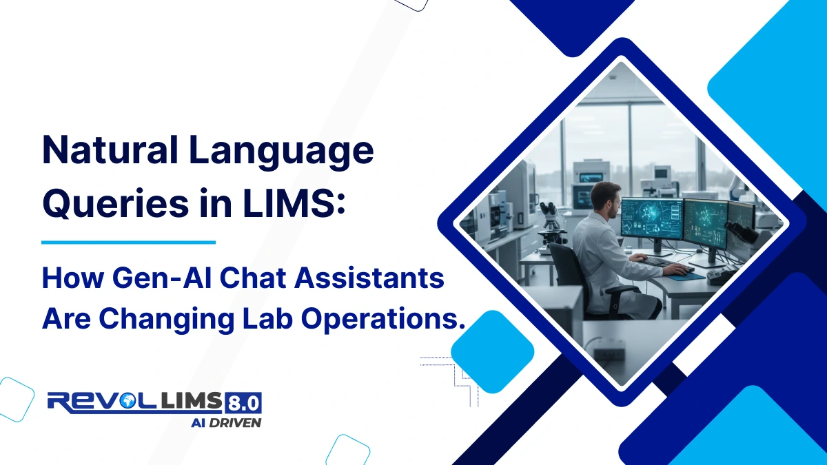 Laboratory scientist using Gen-AI chat assistant in LIMS to query complex test data through natural language interface on computer screen