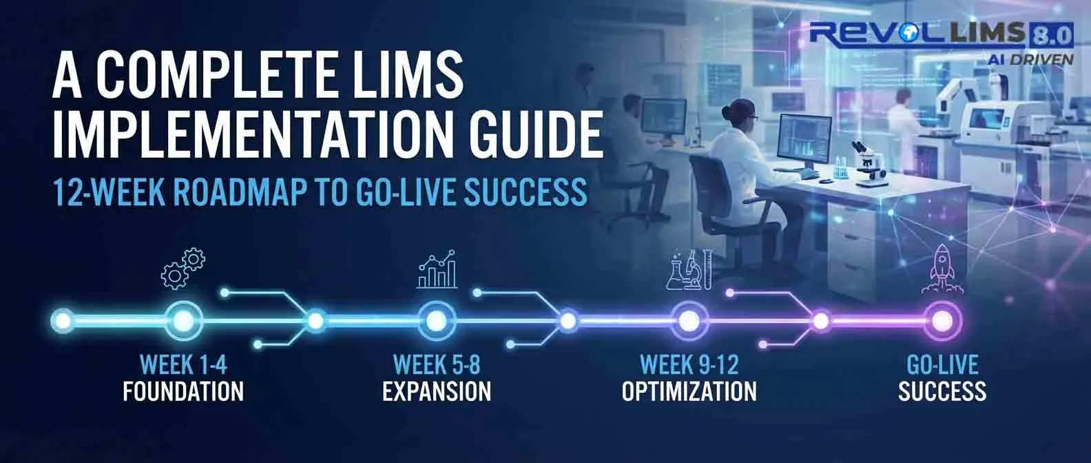 A professional laboratory 12-week LIMS implementation roadmap graphic featuring a clean digital dashboard, laboratory equipment, and text overlay for The Complete LIMS Implementation Guide.