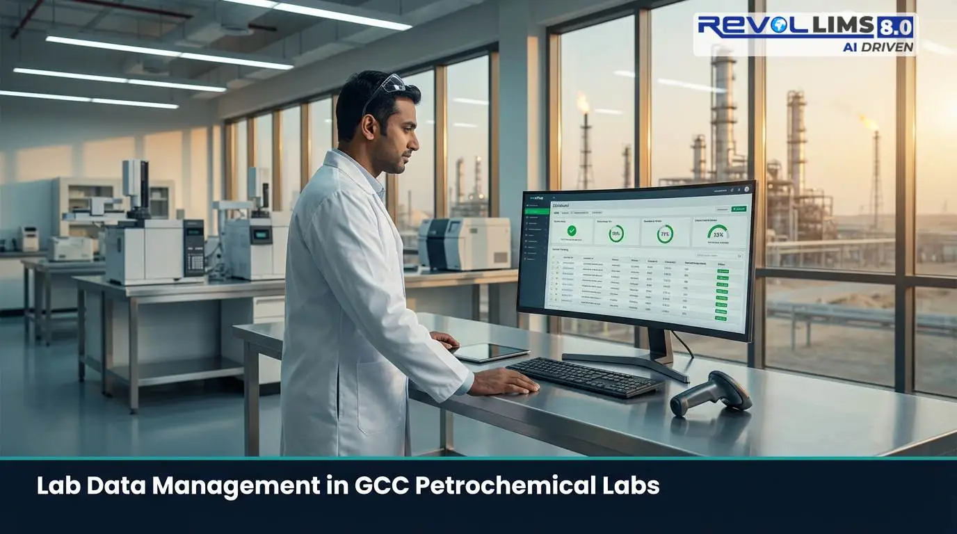 Lab professional reviewing digital LIMS dashboard in a modern GCC petrochemical  quality control laboratory