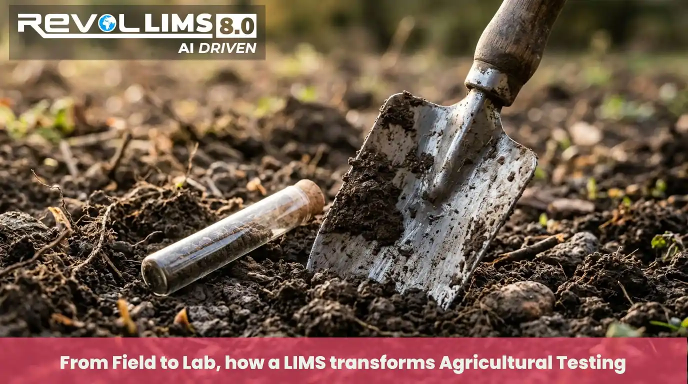 Field soil sampling for agricultural LIMS testing — trowel collecting soil core sample for laboratory nutrient and pesticide residue analysis with Revol LIMS 8.0
