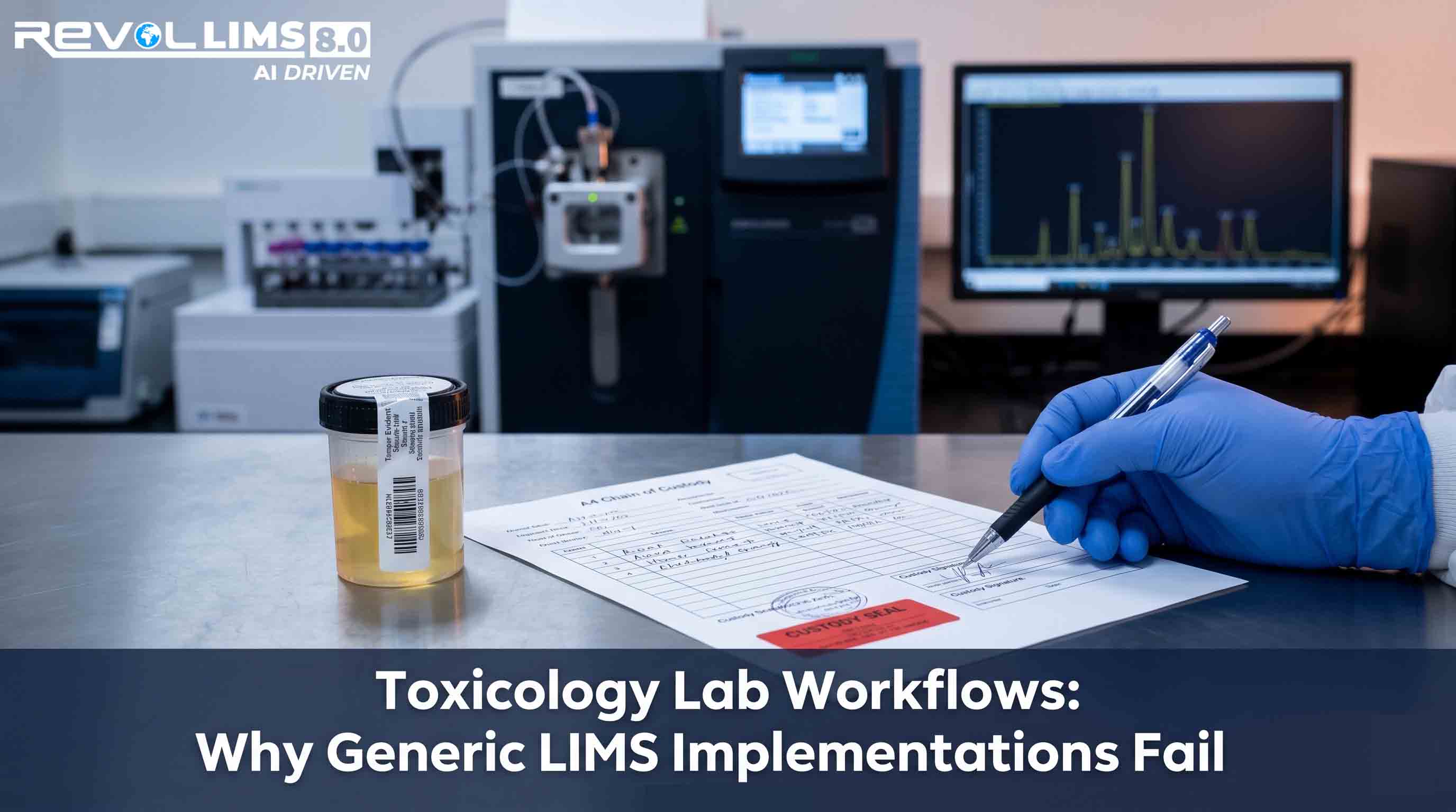 Toxicology laboratory chain of custody documentation with mass spectrometry instrument — LIMS workflow compliance