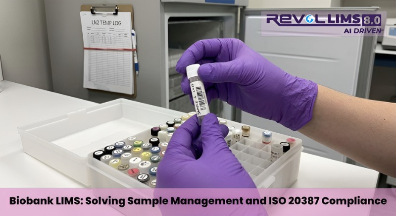 Laboratory technician handling barcoded biospecimen tubes in a biobank sample tray managed with Revol LIMS for ISO 20387 compliance