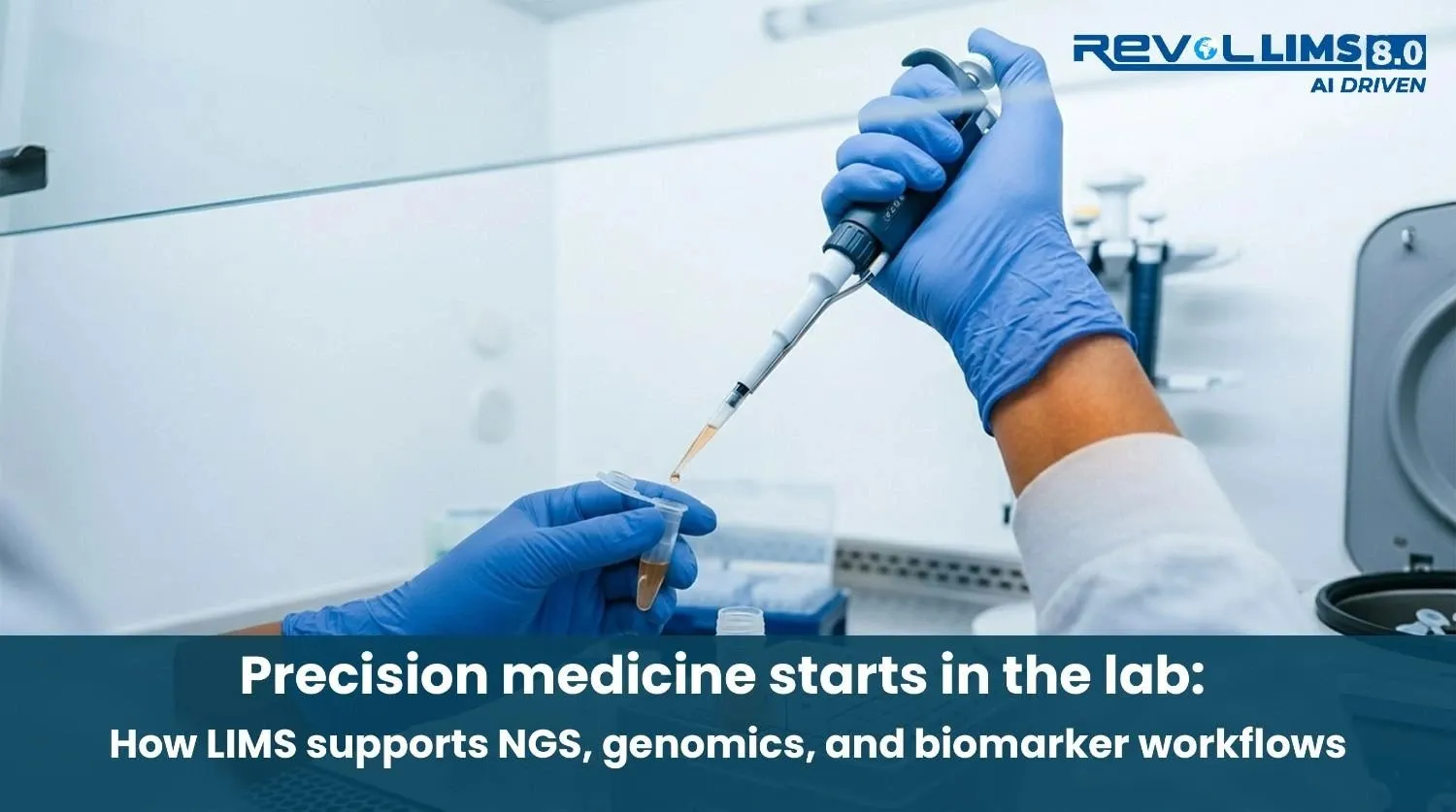 Biotech lab technician pipetting a sample — LIMS supporting NGS, genomics, and biomarker workflows for precision medicine