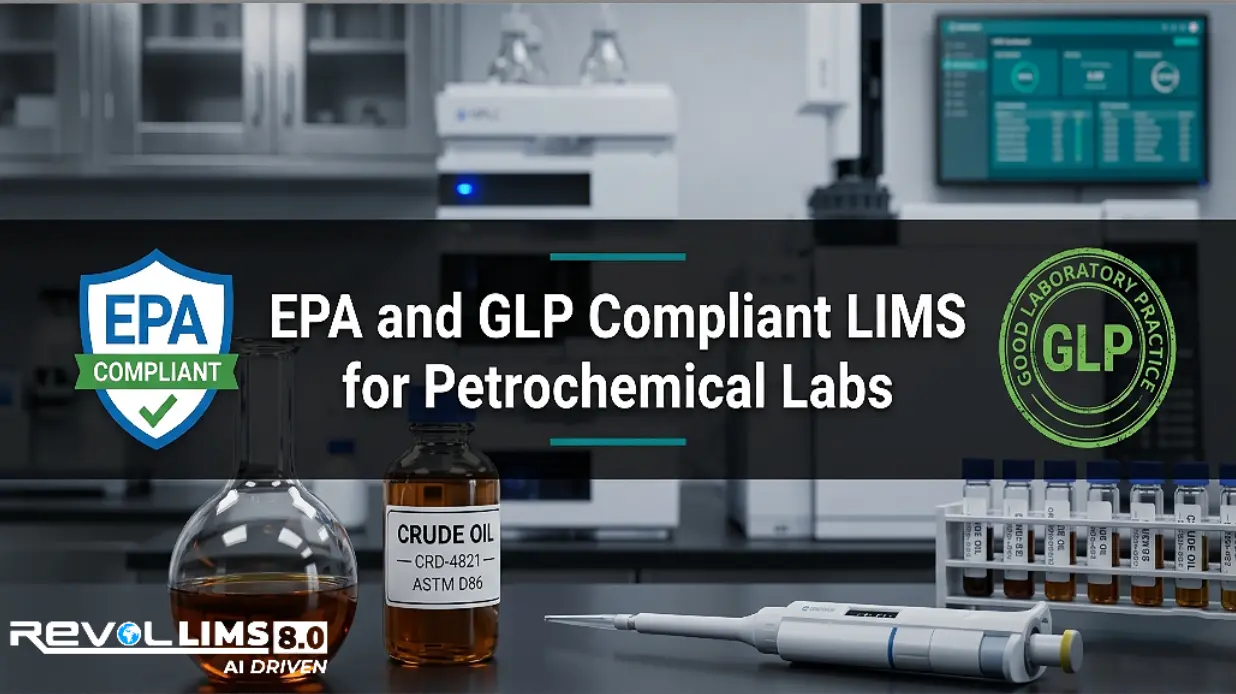 Hub-and-spoke diagram showing LIMS at the centre connecting seven regulatory frameworks — EPA GLP, GALPs, TSCA/FIFRA, ISO 17025, 21 CFR Part 11, ASTM Methods, and OSHA/RCRA — for petrochemical lab compliance