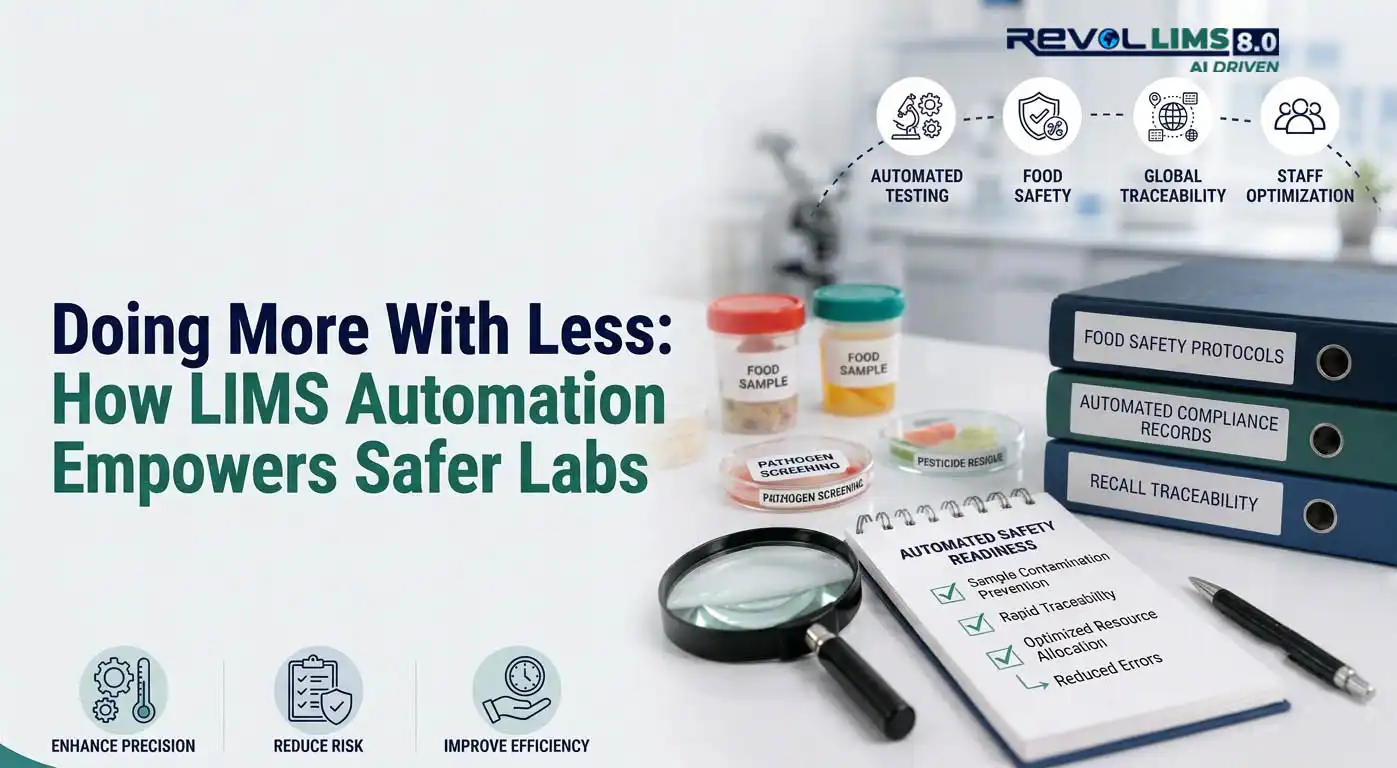 A laboratory technician in a white coat and blue gloves testing food and beverage samples on a stainless-steel lab bench, reviewing data on a digital tablet, with Revol LIMS 8.0 branding and the blog title 