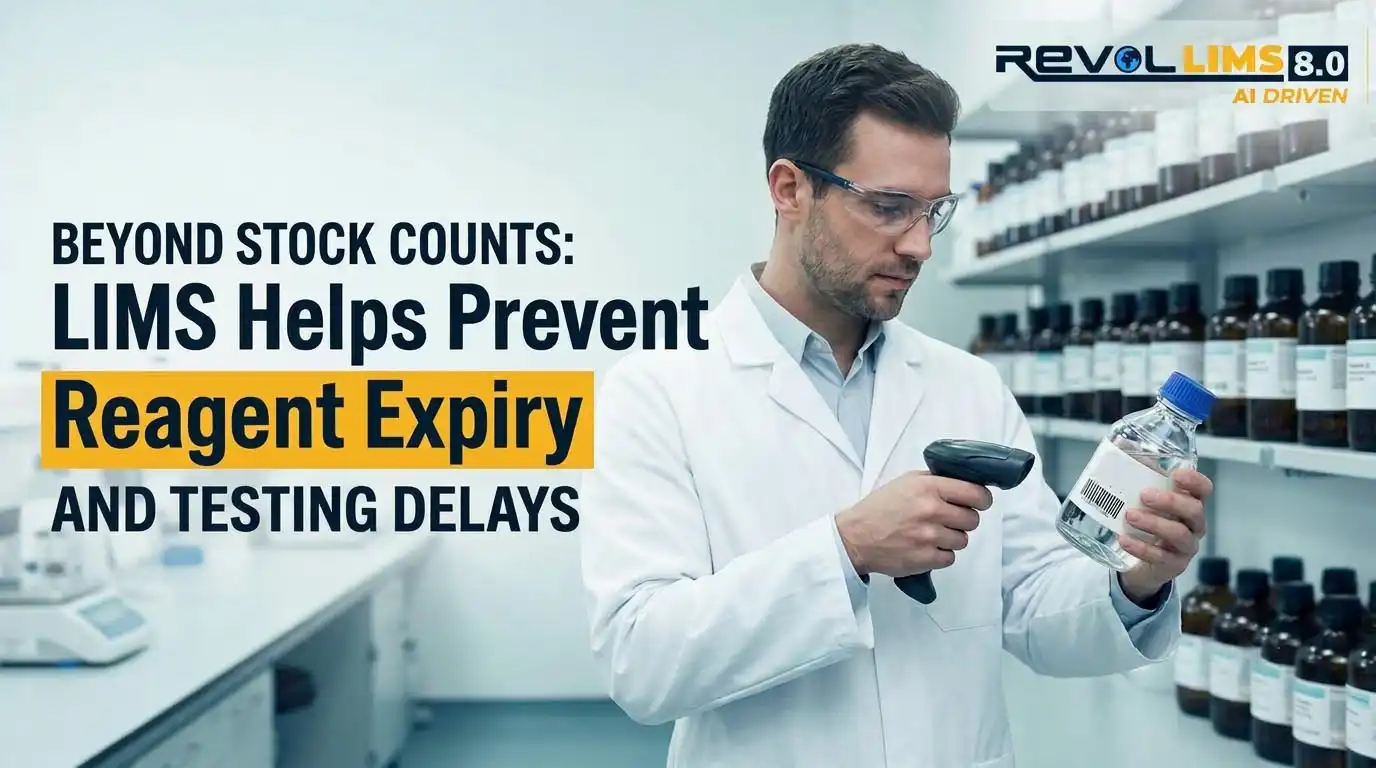 Scientist scanning reagent barcode in a lab: LIMS reagent expiry alerts and FEFO to prevent testing delays