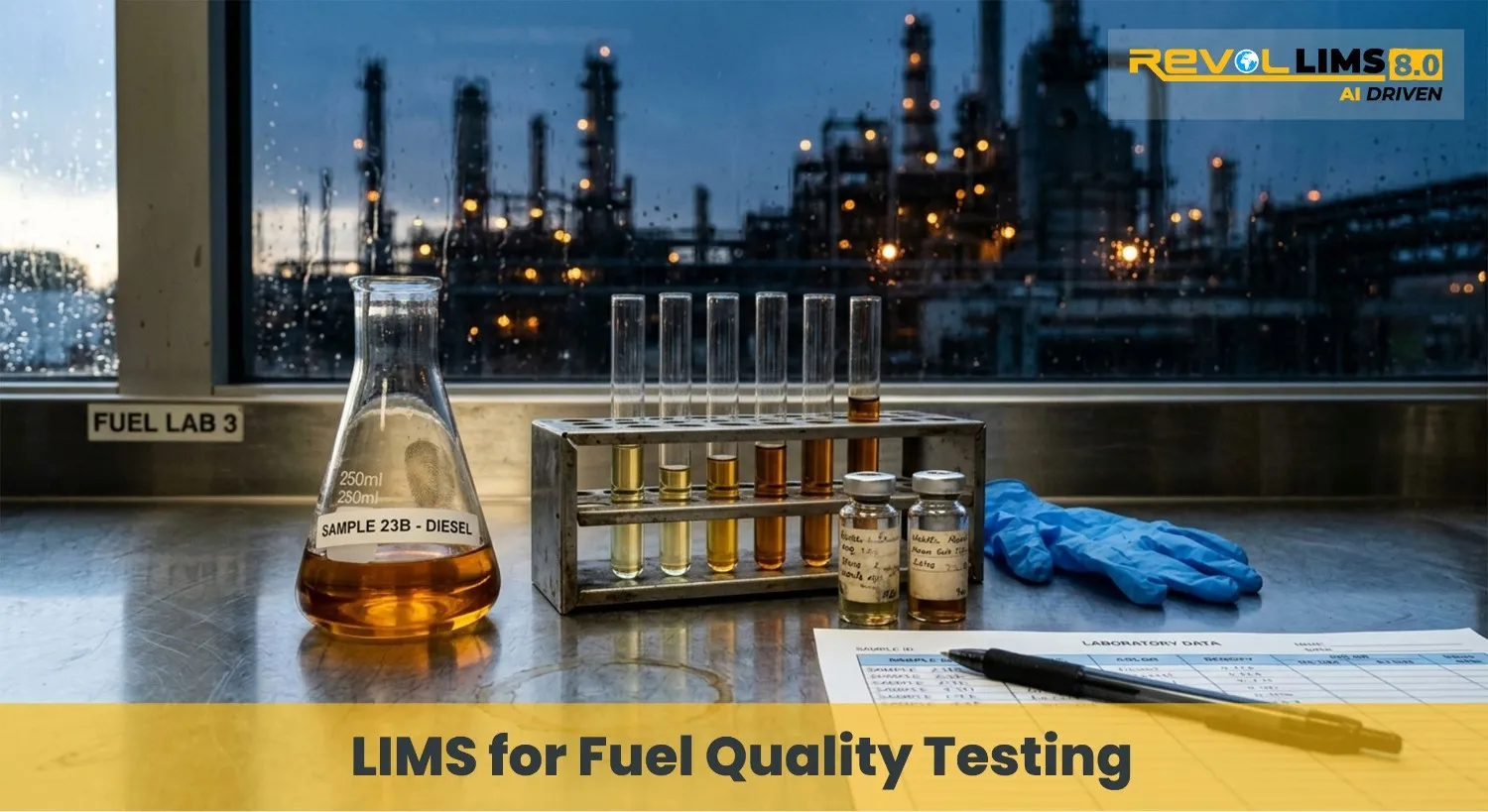 Industrial fuel quality testing lab with sample bottles and petroleum analyser equipment on workstation