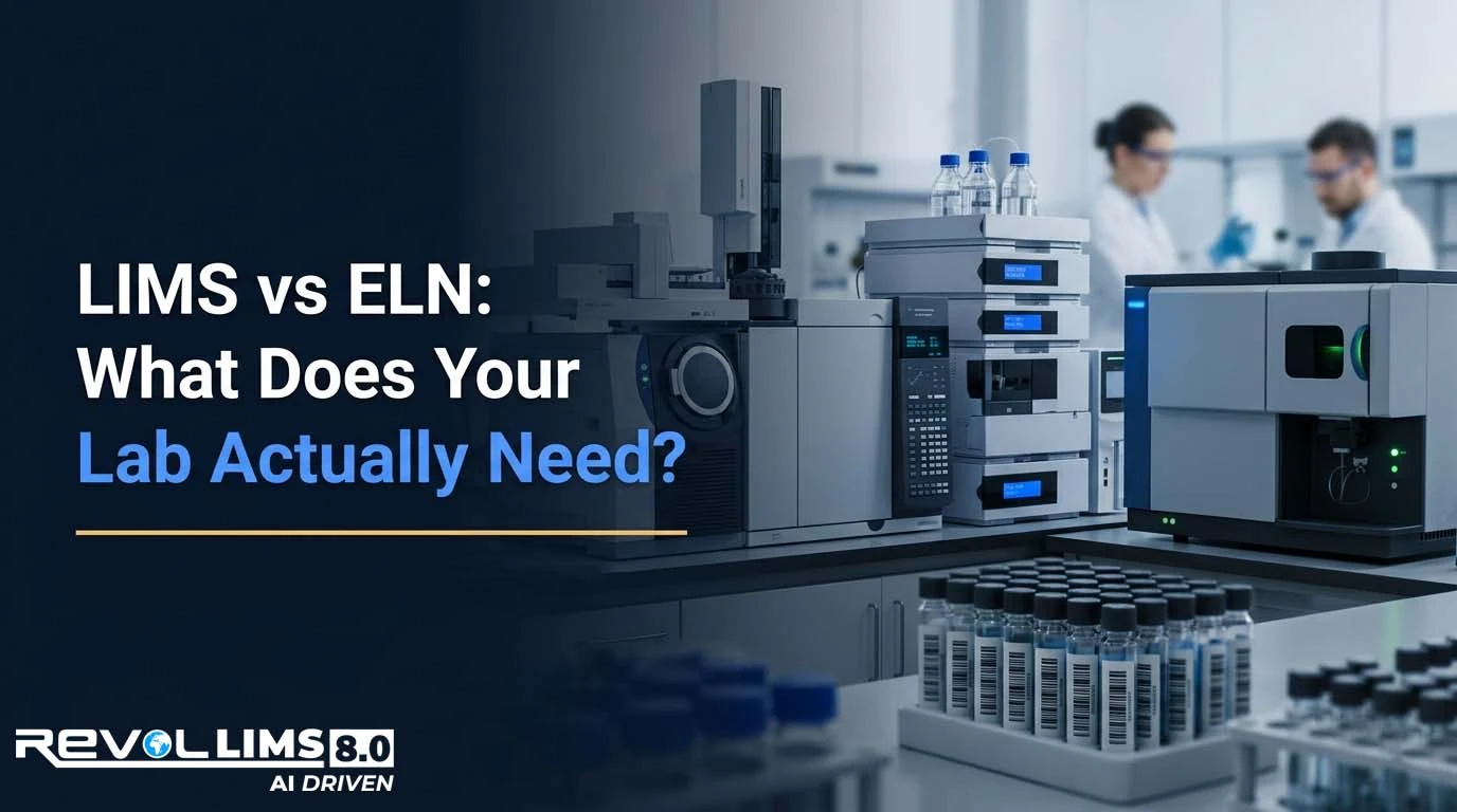 A laboratory workspace featuring scientific glassware, a reaction flask on a magnetic stirrer, and an open lab notebook in a modern research environment. The image includes the headline “LIMS vs ELN: What Does Your Lab Actually Need?” and represents a comparison between Laboratory Information Management Systems (LIMS) and Electronic Lab Notebooks (ELN) for laboratory operations and data management.