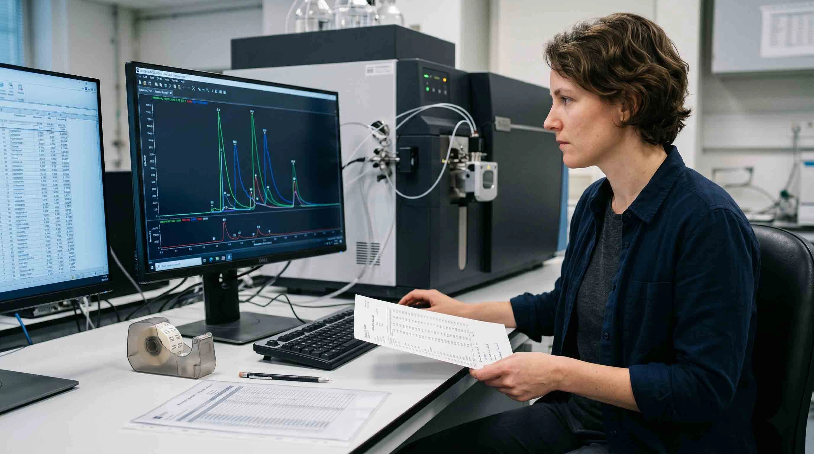 Toxicology laboratory scientist reviewing LC-MS chromatogram data — mass spectrometry analytical workflow