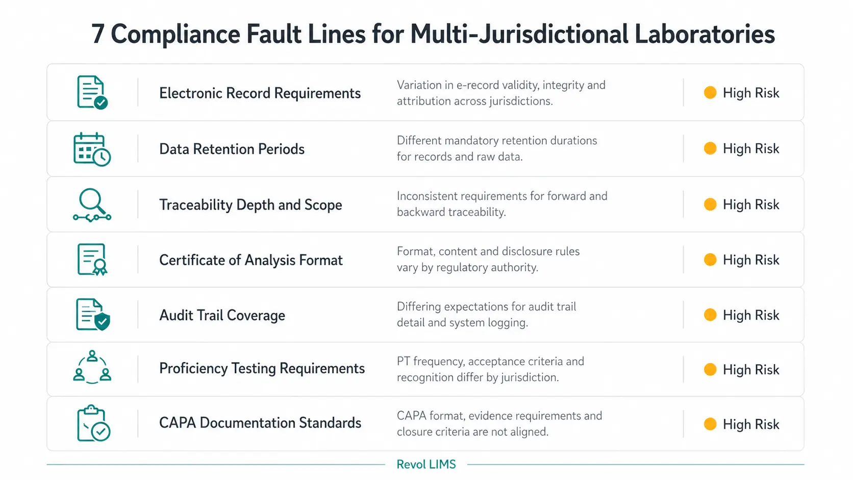 Infographic outlining the 7 Compliance Fault Lines for Multi-Jurisdictional Laboratories, highlighting high-risk areas such as electronic records, data retention, traceability, CoA formats, audit trails, proficiency testing, and CAPA documentation.