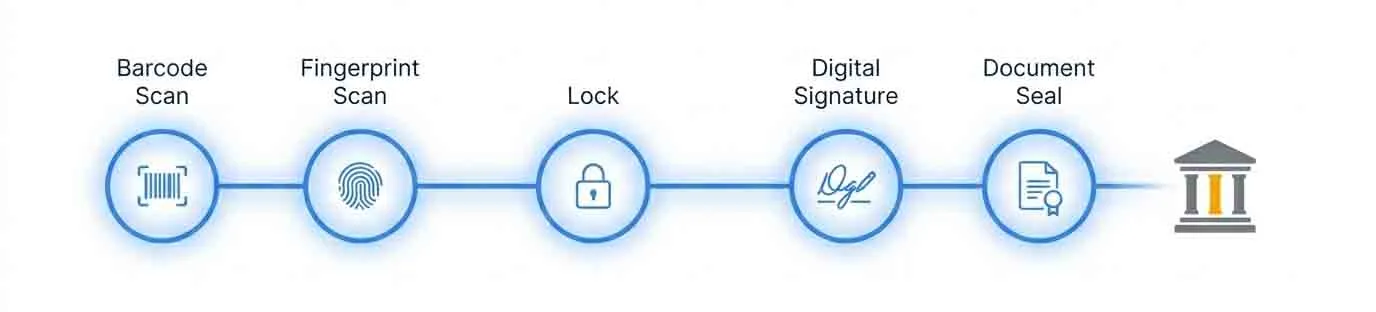Illustration showing a secure digital chain of custody workflow in a forensic laboratory. The process includes barcode scanning, fingerprint verification, secure locking, digital signatures, and document sealing, leading to legally defensible evidence management and court-ready records.