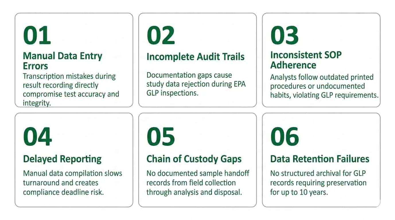 Six-card infographic listing the compliance challenges petrochemical labs face without LIMS — including manual data entry errors, incomplete audit trails, inconsistent SOP adherence, delayed reporting, chain of custody gaps, and data retention failures