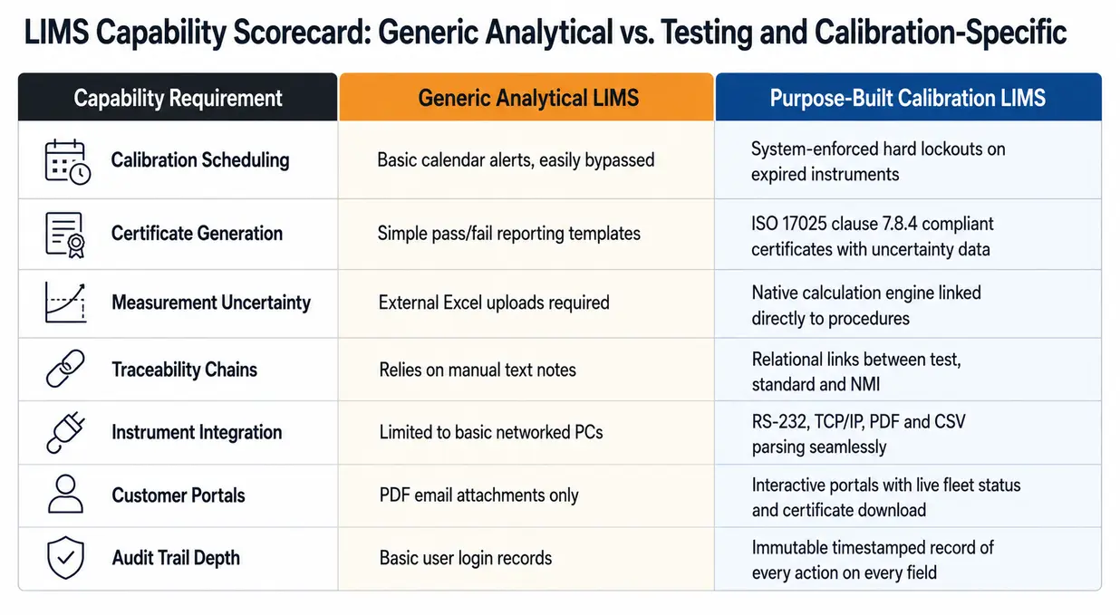 LIMS capability scorecard comparing Generic Analytical LIMS vs Purpose-Built Calibration LIMS across key features like ISO 17025 compliance and measurement uncertainty.
