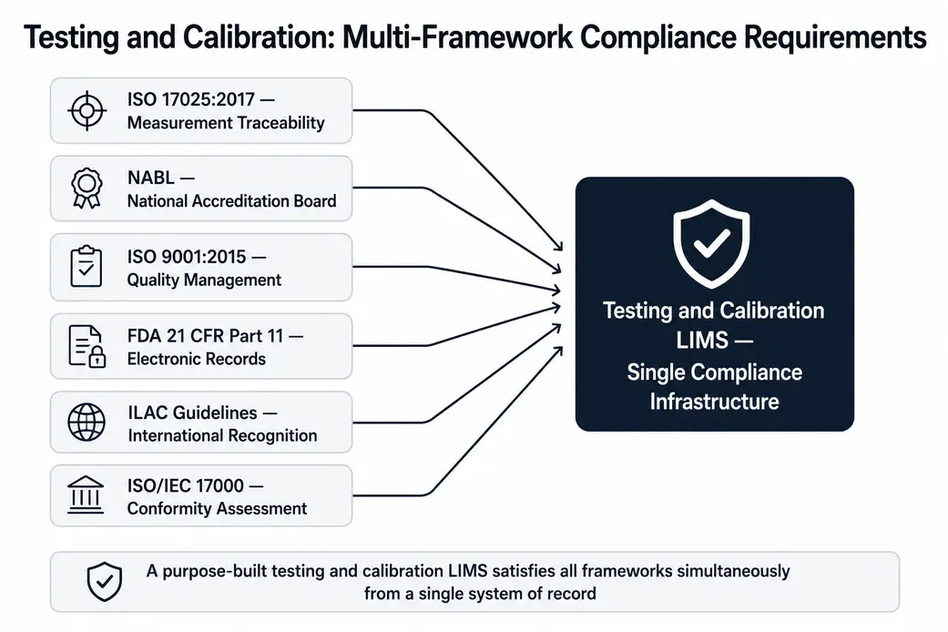 Infographic showing how a purpose-built LIMS provides a single compliance infrastructure for ISO 17025, NABL, ISO 9001, FDA 21 CFR Part 11, ILAC Guidelines, and ISO 17000 standards.