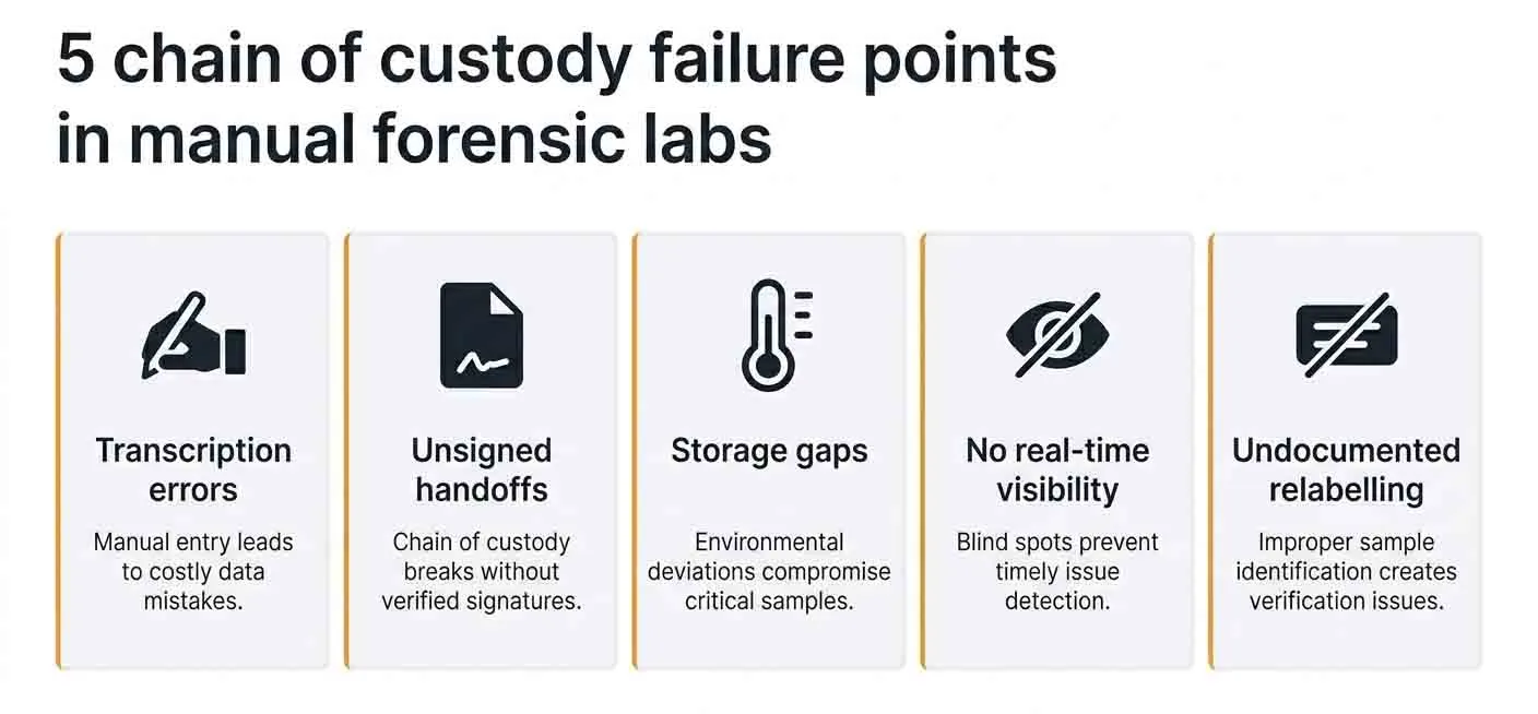 Infographic showing five common chain-of-custody failure points in manual forensic labs: transcription errors, unsigned handoffs, storage gaps, lack of real-time visibility, and undocumented relabelling. These issues can lead to data inaccuracies, sample risks, and compliance challenges.