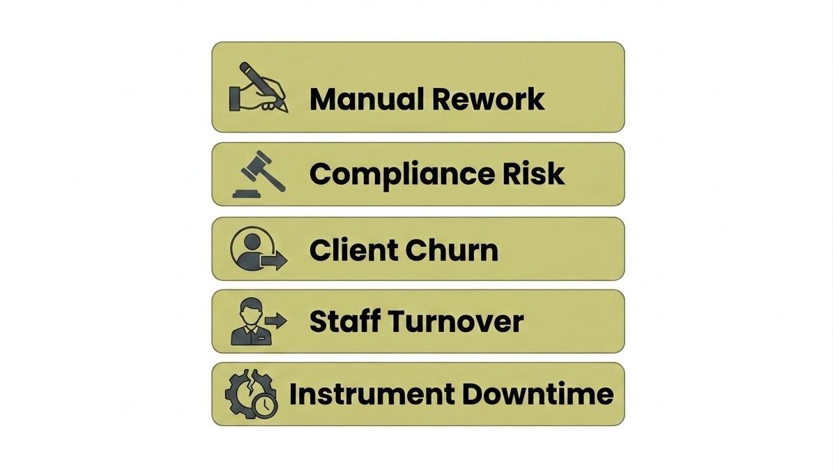 Illustration of a laboratory struggling with manual processes, showing errors, compliance risks, delays, and inefficiencies caused by not using a LIMS.