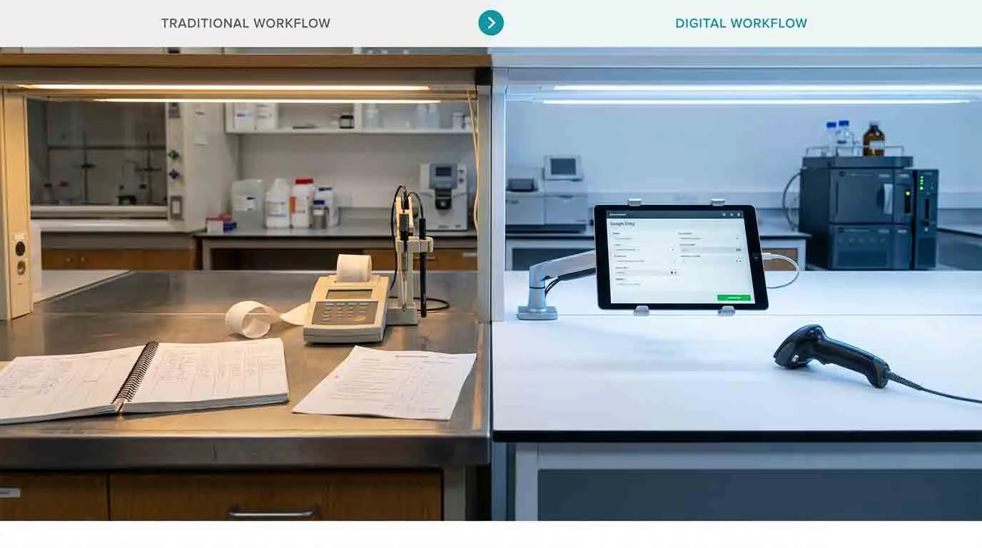 Side-by-side comparison of traditional paper-based lab data logging versus  digital LIMS sample entry workflow.