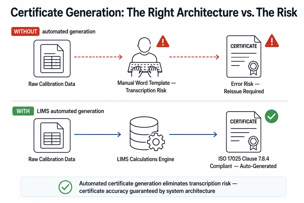 Flowchart illustrating the benefits of automated calibration certificate generation in LIMS to eliminate manual transcription errors and meet ISO 17025 Clause 7.8.4 standards.