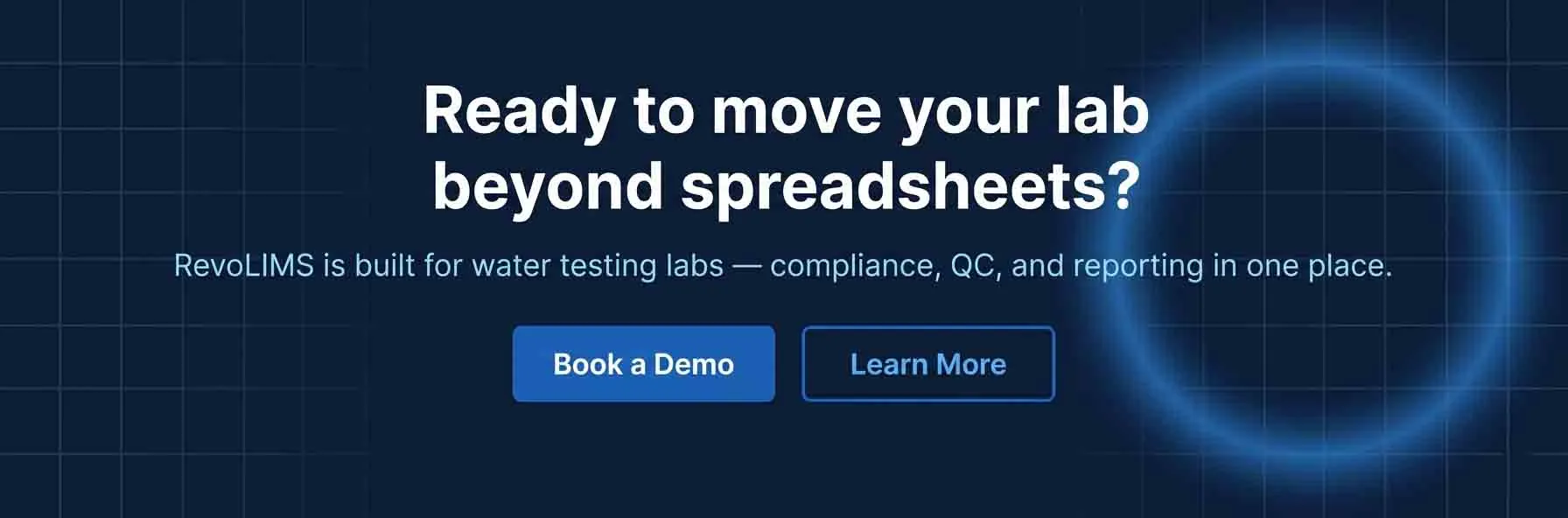 RevoLIMS call-to-action banner: Ready to move your lab beyond spreadsheets? Book a demo at www.revolims.com