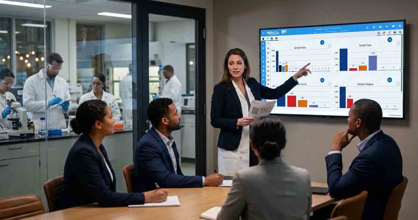 Digital lab environment highlighting reduced manual work through LIMS, including faster accessioning, automated data entry, and quick audit data retrieval.