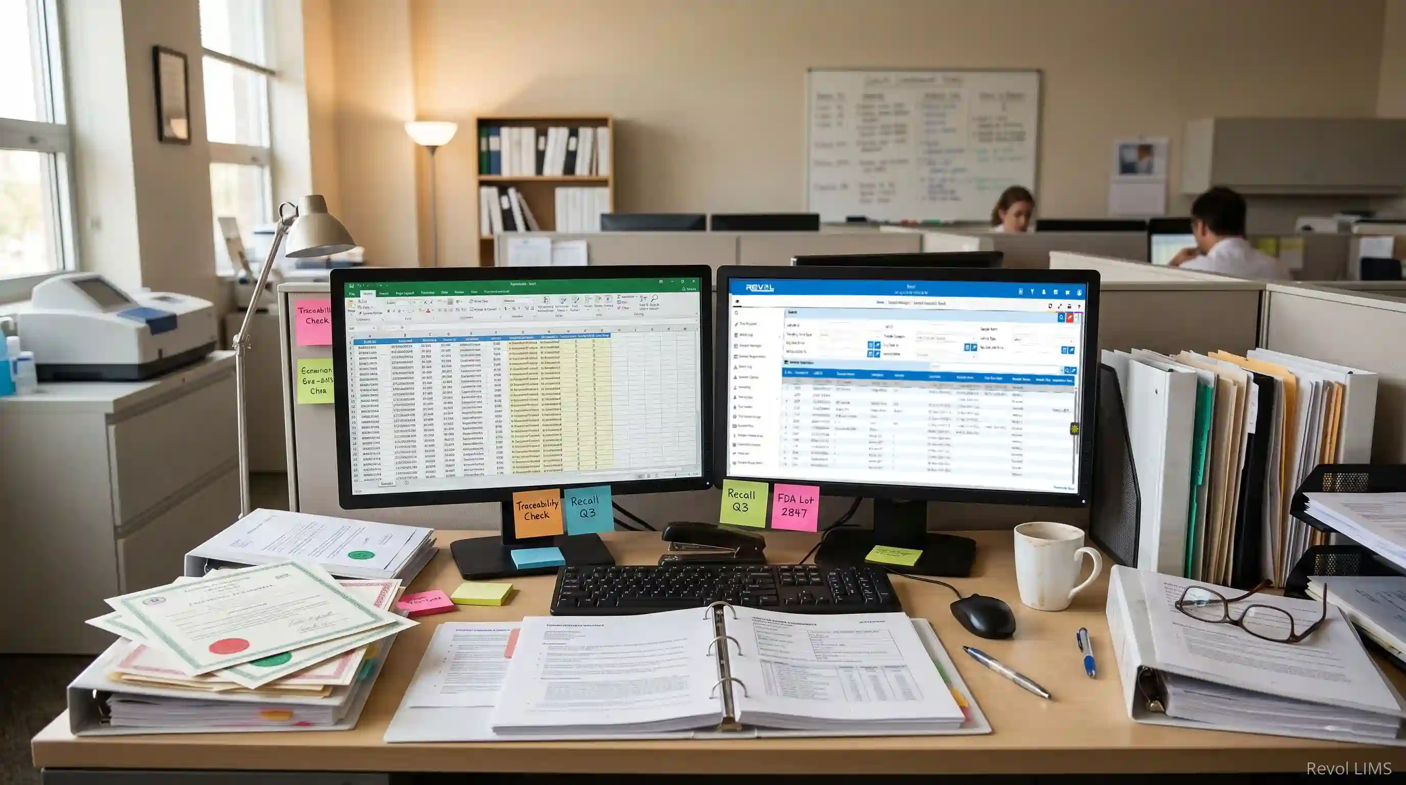 A cluttered quality director's desk showing dual monitors with complex spreadsheets alongside a digital system, surrounded by physical binders and sticky notes, illustrating the chaos and risk of fragmented, manual compliance tracking.