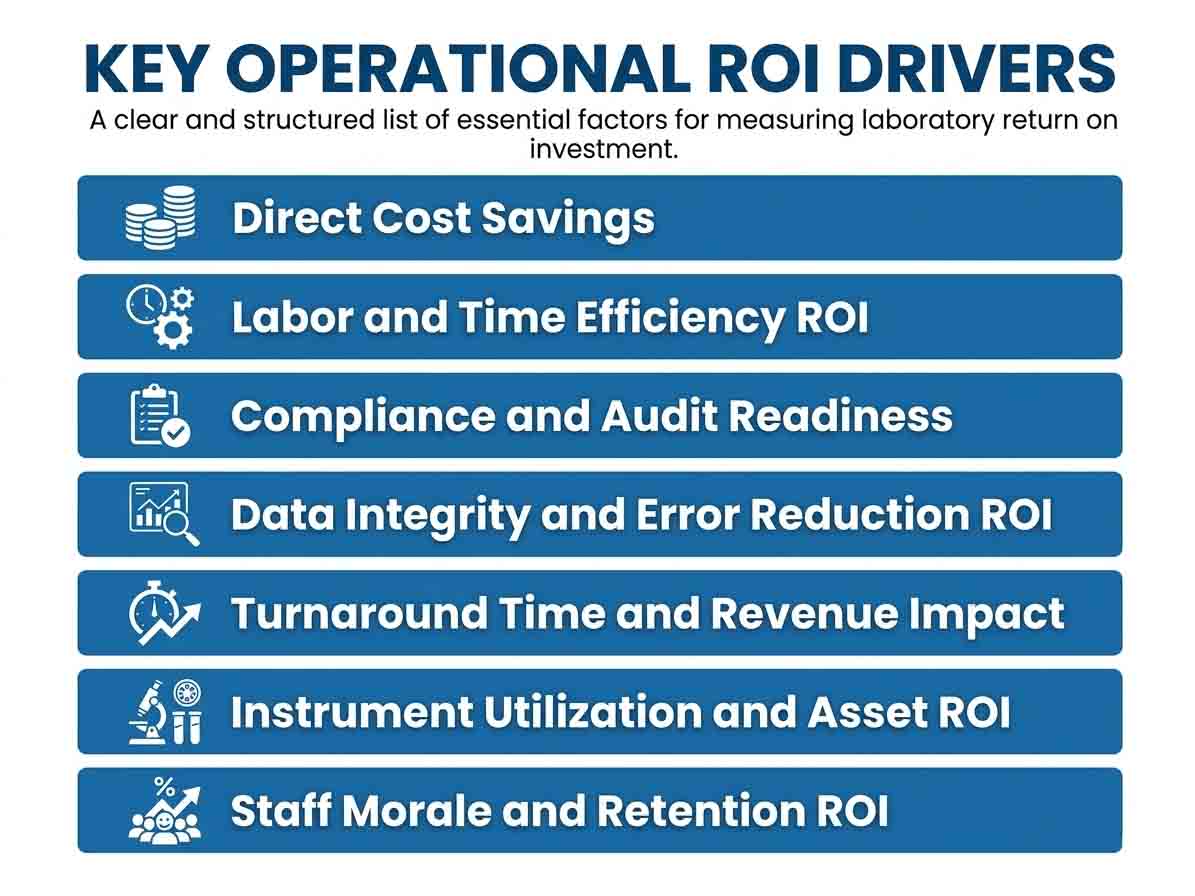 Direct Cost Savings, Labor and Time Efficiency ROI, Compliance and Audit Readiness, Data Integrity and Error Reduction ROI, Turnaround Time and Revenue Impact, Instrument Utilization and Asset ROI, and Staff Morale and Retention ROI.