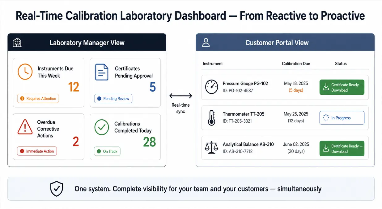 Infographic showing a real-time calibration laboratory dashboard with synchronized views for laboratory managers and a customer portal.