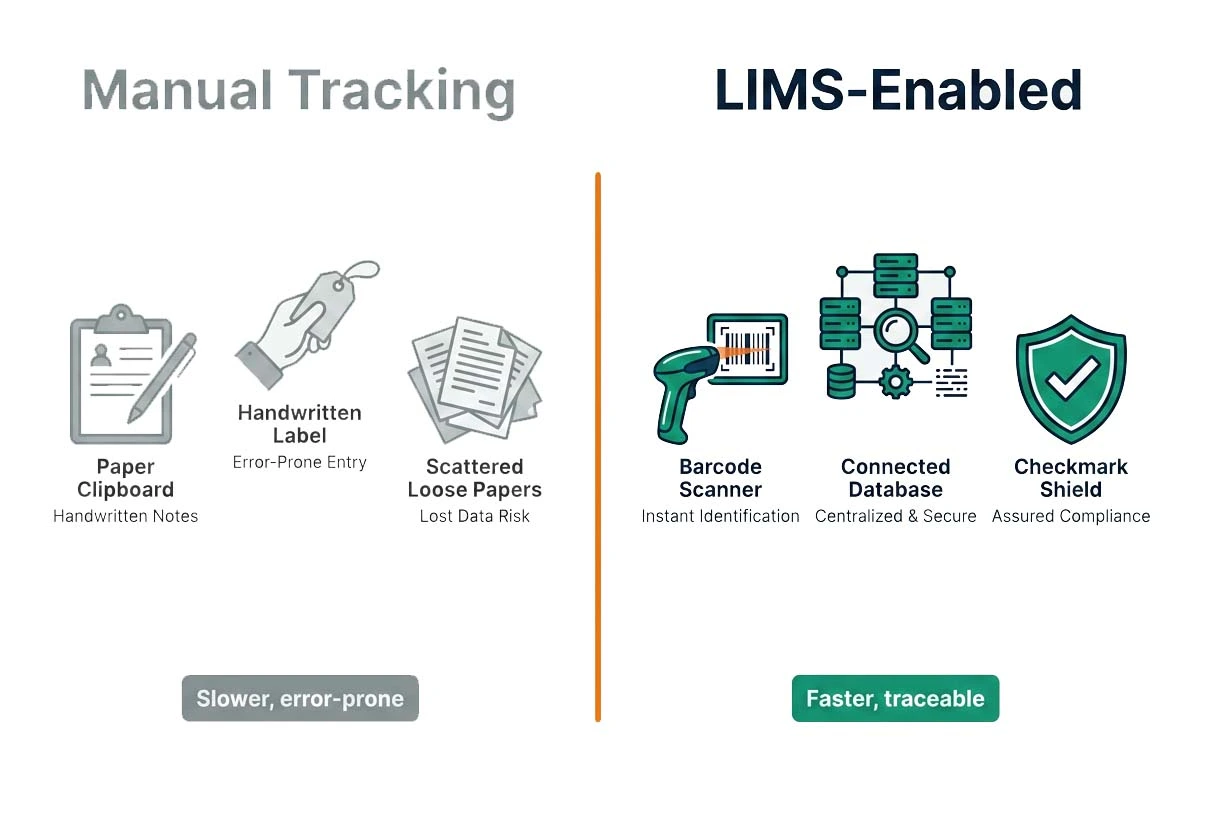 Manual sample tracking vs veterinary LIMS automated workflow comparison